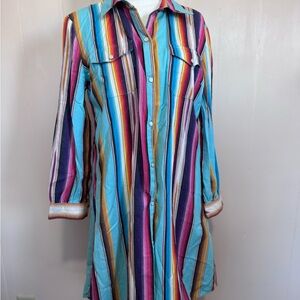 Striped Multicolor Button-Front Shirt Dress - Turquoise & Pink